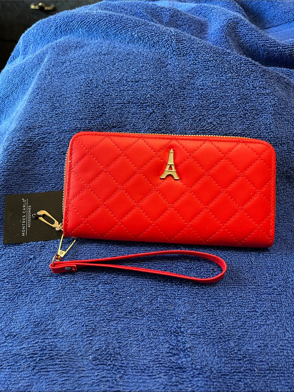 Quilted Red Wristlet Clutch with Gold Eiffel Tower Accent